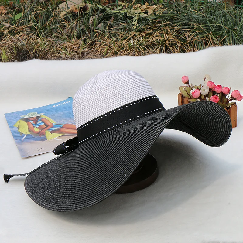 

Black Fashion Big Brim Straw Hat Summer Sun-proof Women's Hat Traveling And Shopping Travel Lace-up Bow Straw