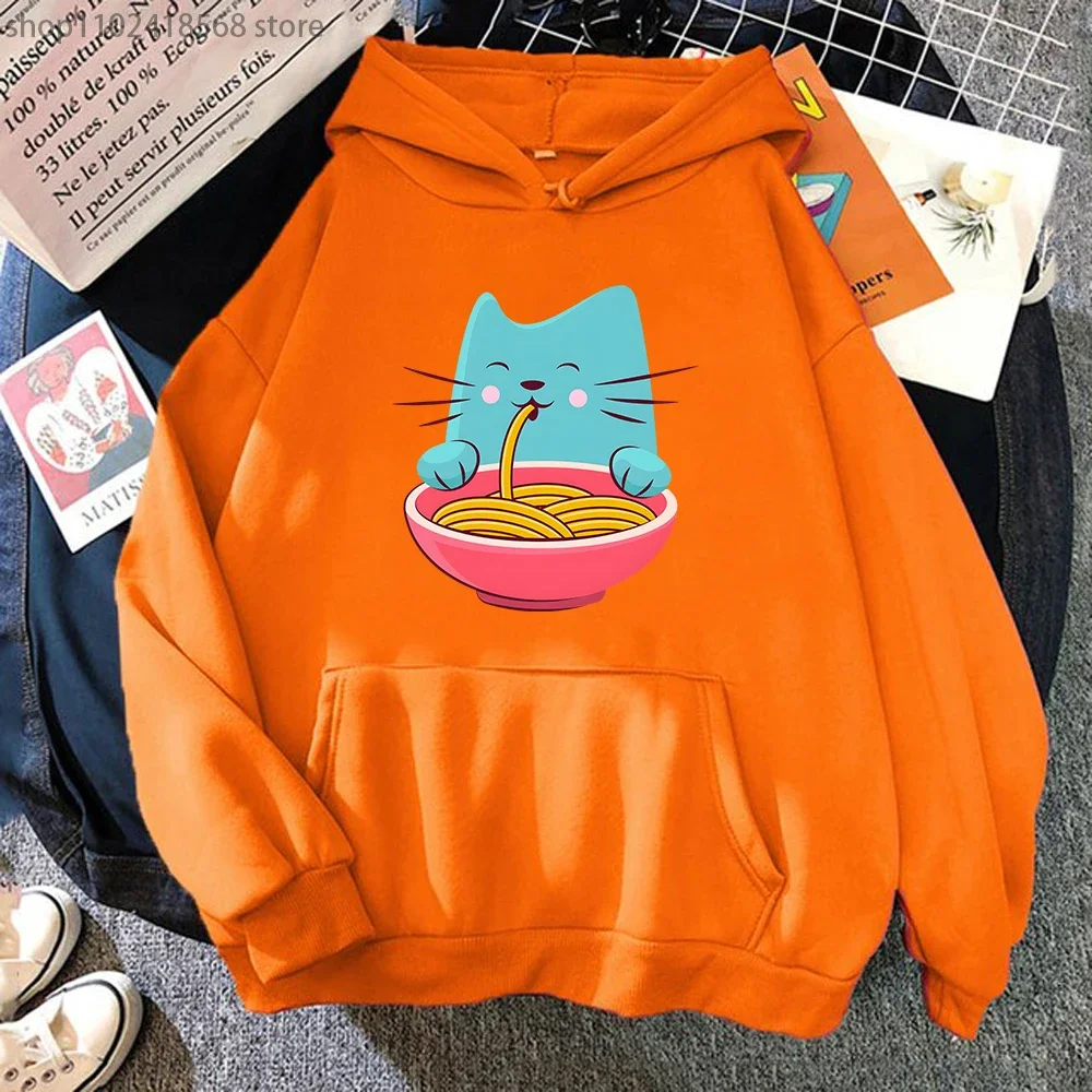 Cat Eating Spaghetti Hoodie Aesthetic Men Fashion Animal Graphic Sweatshirt Korean Style Streetwear Women Four Seasons Sudaderas
