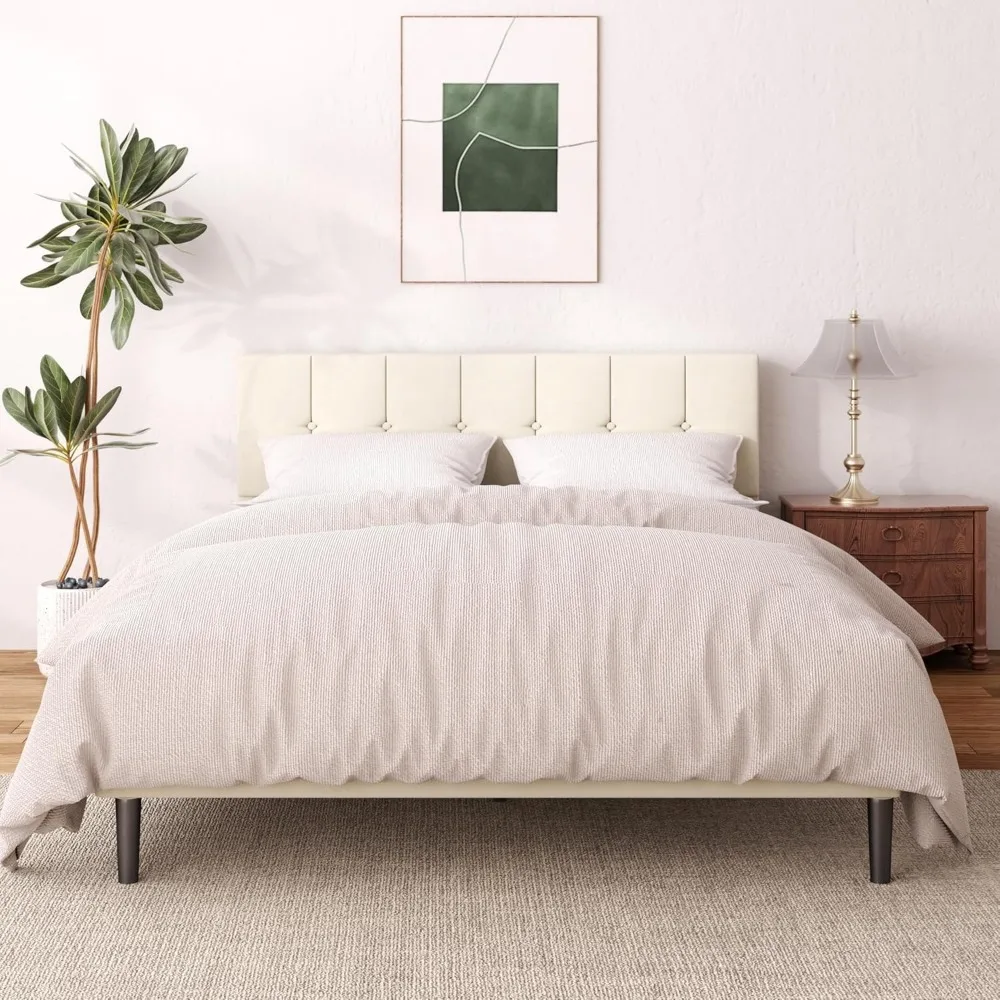 

Full Size Bed Frame with Upholstered Headboard, Modern Bed with Wooden Slat, No Box Spring Needed, Easy Assembly, Beige