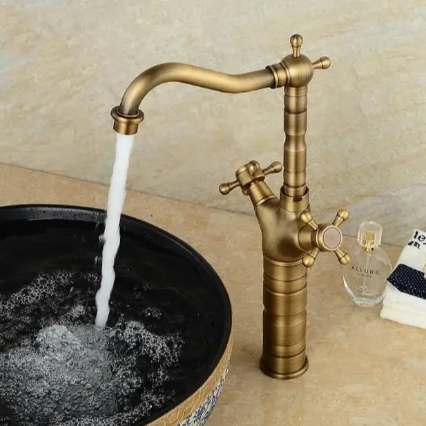 

Basin Faucets Antique Brass Bathroom Sink Faucet 360 Degree Swivel Spout Double Cross Handle Bath Kitchen Mixer Taps