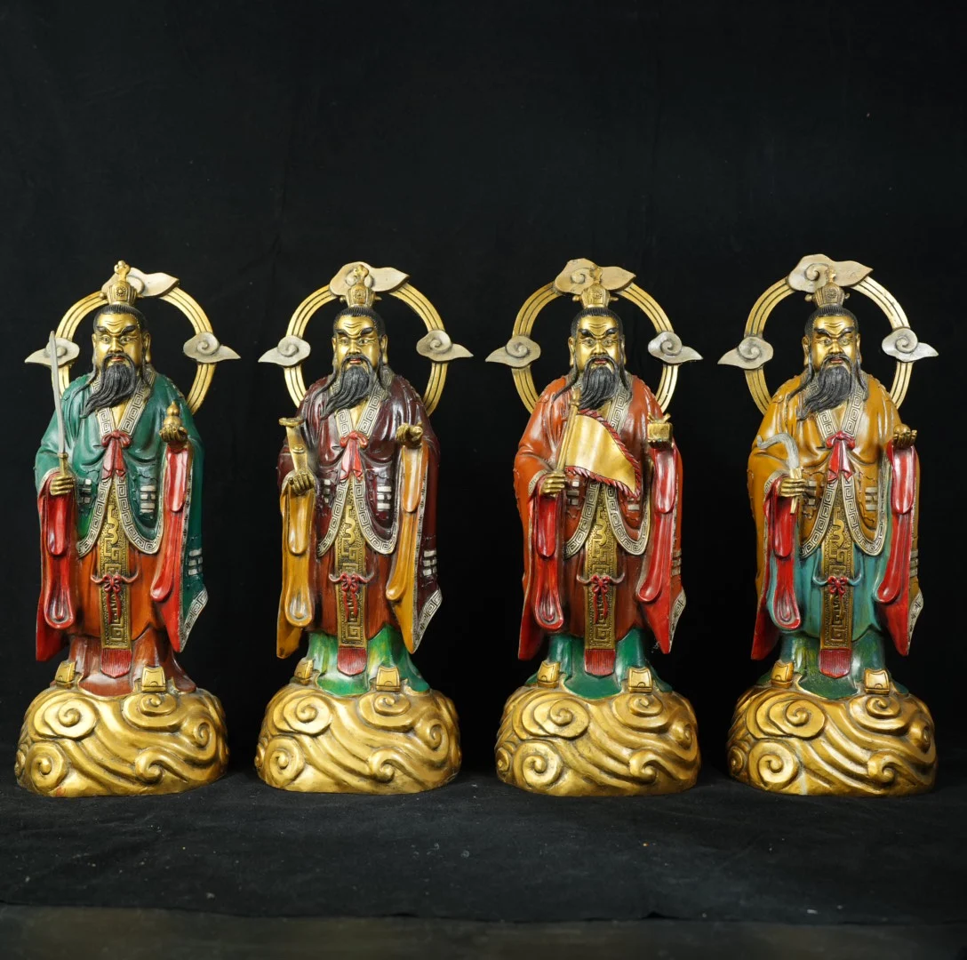 18"Temple Collection Old Bronze Painted Gilded Four Great Heavenly Immortals Zhang Daoling Ge Xuan Xu Xun Worship Hall