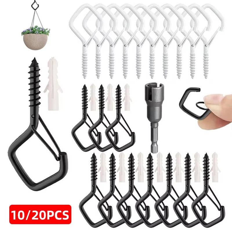 

10/20Pcs Square Snap Hanging Screw Hook Courtyard Garden Plants Ceiling Hooks With Safety Buckle For Hang Outdoors String Lights