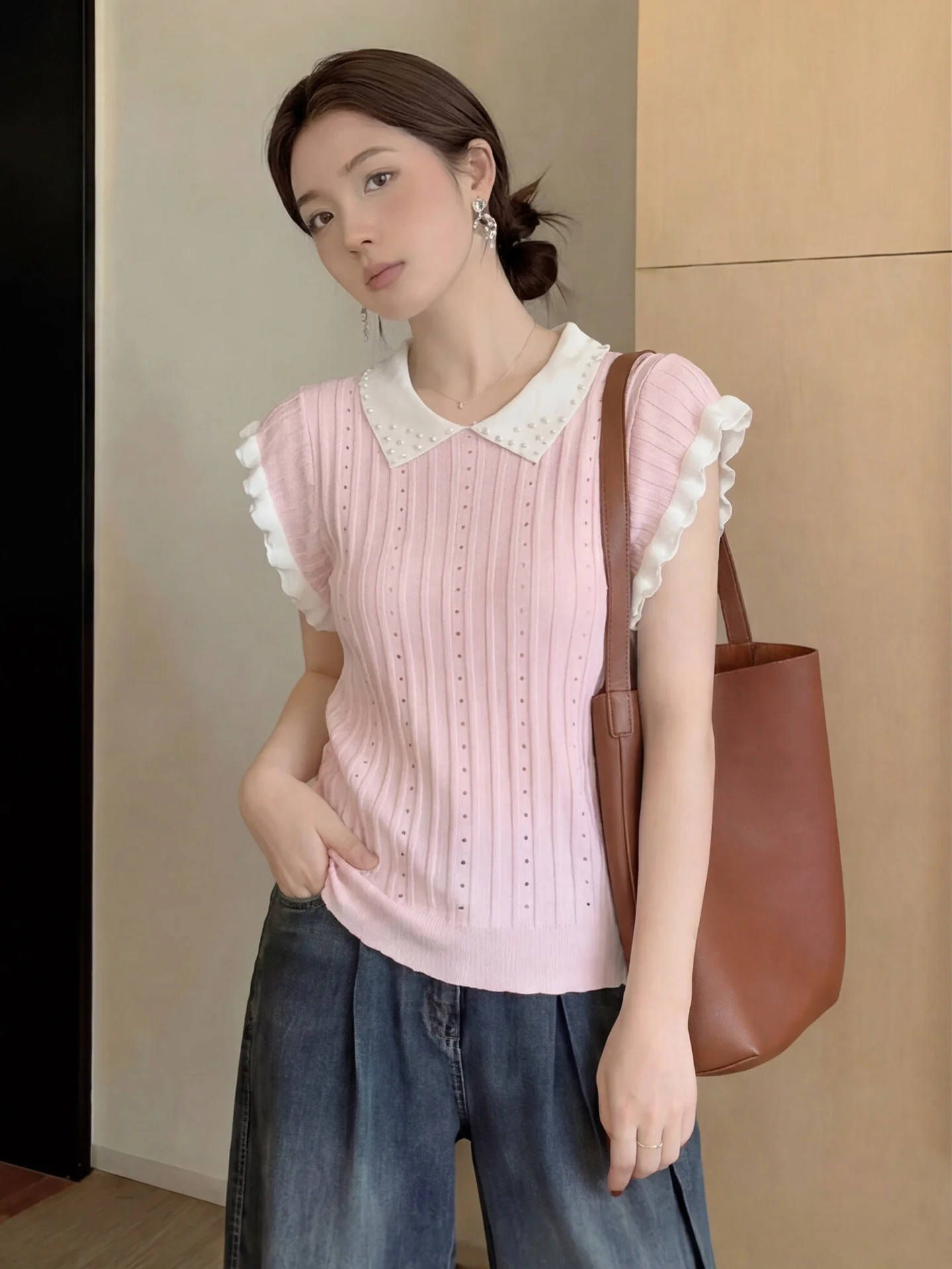 

Korean Style Light Luxury Bead Embellished Knitted Top Women Summer Hollow out Ice Silk Thin Short Sleeve Turn-down Collar