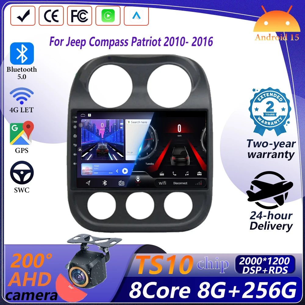 Android 15 Carplay For Jeep Compass Patriot 2010- 2016 2K QLED Car Radio Multimedia Video Player GPS High-performance CPU