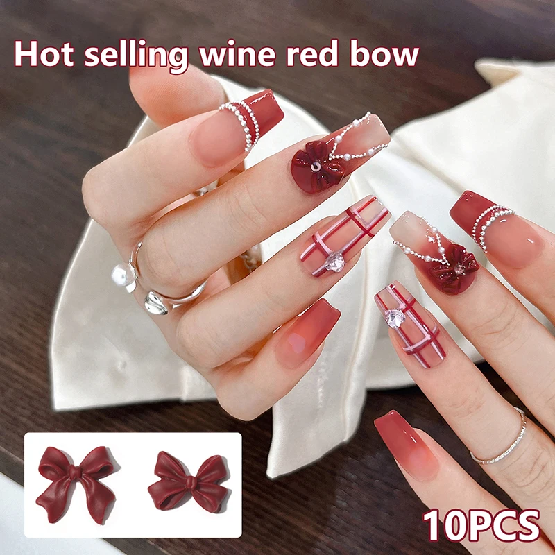 10pcs Bow Resin Nail Art Decoration Claret 3D Long Ribbon Bowknot Ornament Nail Charm Jewelry Design Kawaii DIY Accessories