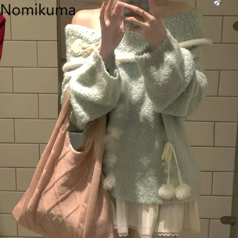 Słodki sweter koreański sweter damski Pull Femme Bow głęboki dekolt Off ramię Sueter Mujer moda codzienna swetry z dzianiny