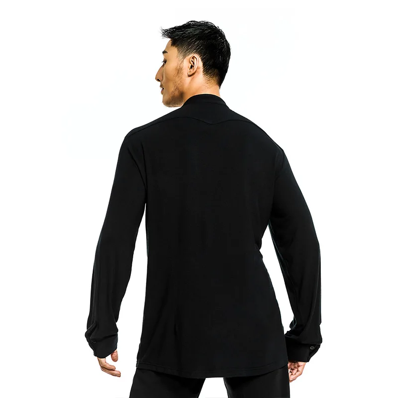 Ropa de baile latino para hombre, Tops negros de manga larga con diseño Sense, ropa de práctica para actuación de baile de salón Rumba, Salsa, DNV21879