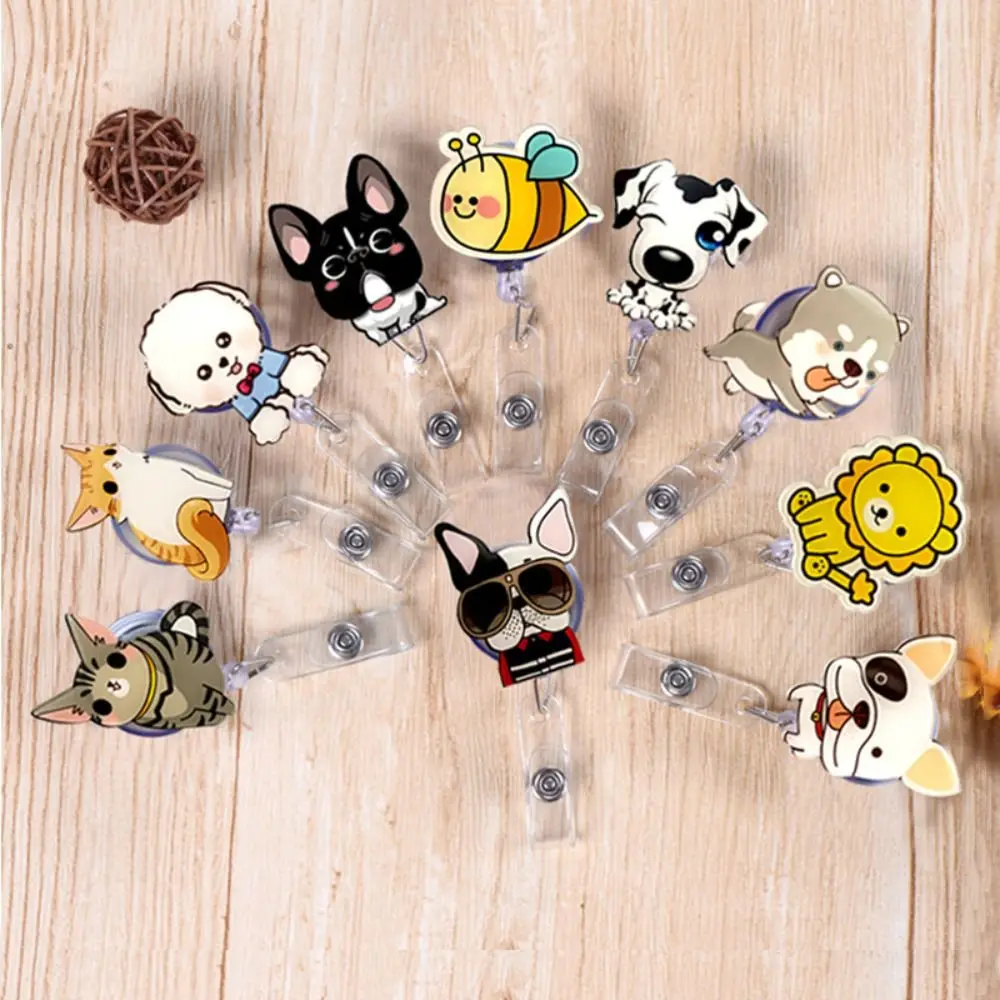 Retractable Nurse Badge Reel Cat Puppy Name Tag Dog Badge Holder Cartoon Animals Work Card Easy Pull Buckle Hospital Use
