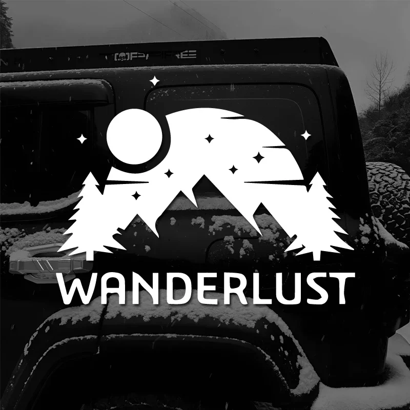 Wanderlust Mountain Moon Star Decal, Waterproof Vinyl, Trendy Outdoor Sticker for Truck SUV RV Window Hard Surfaces