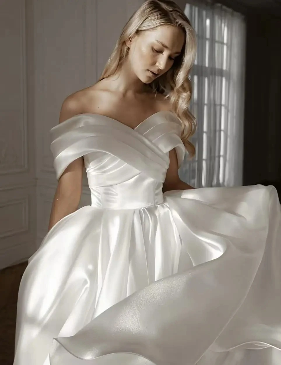 فستان زفاف من الساتان العاجي قبالة الكتف على شكل حرف A رداء حفلات الزفاف للنساء فساتين عروس أنيقة على الكاحل رداء De Mariage #3