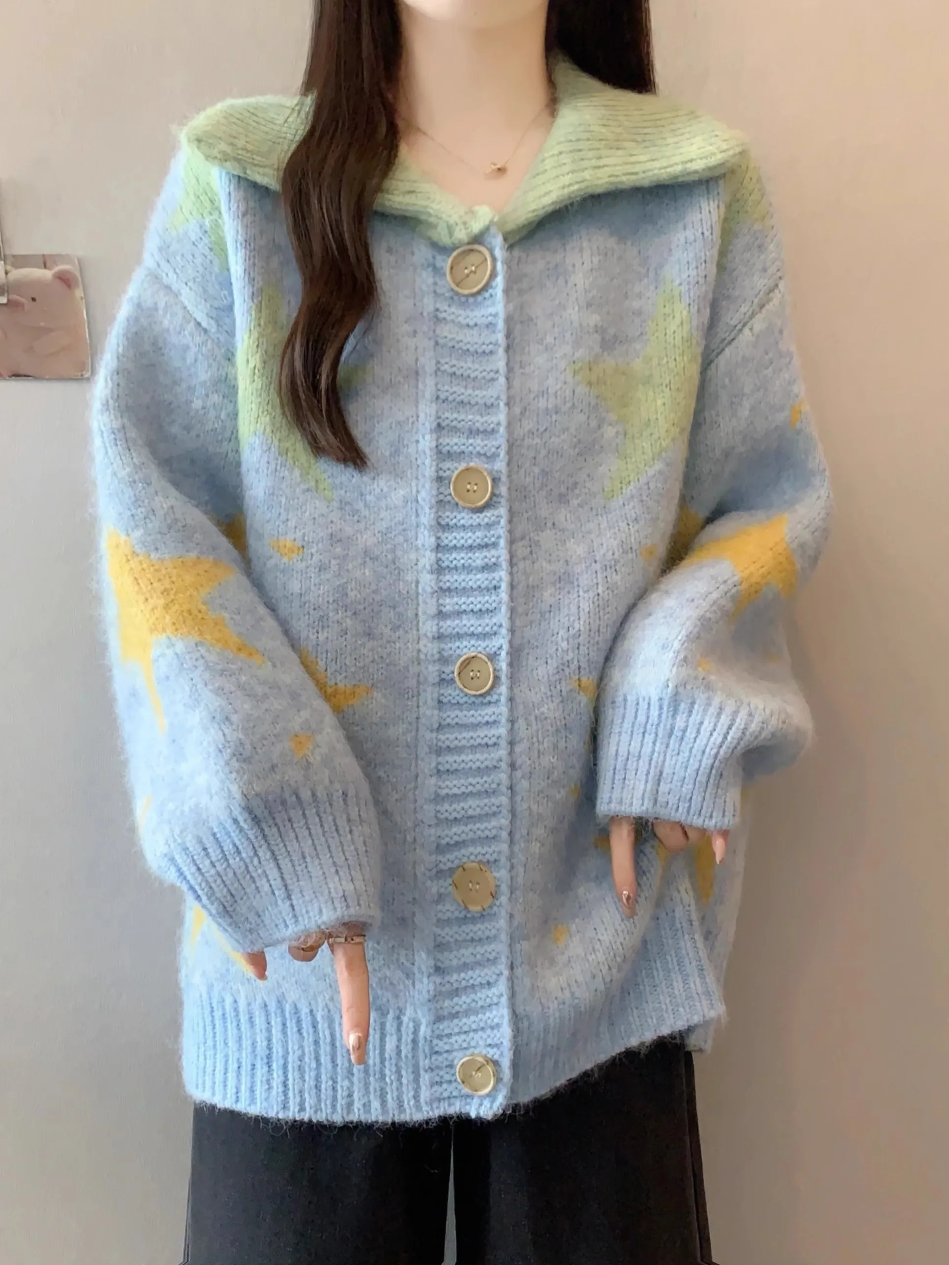 

Жаккардовый свитер со звездами, женский осенне-зимний новый корейский стиль, ленивый стиль, однобортное пальто с лацканами, повседневные свободные вязаные топы