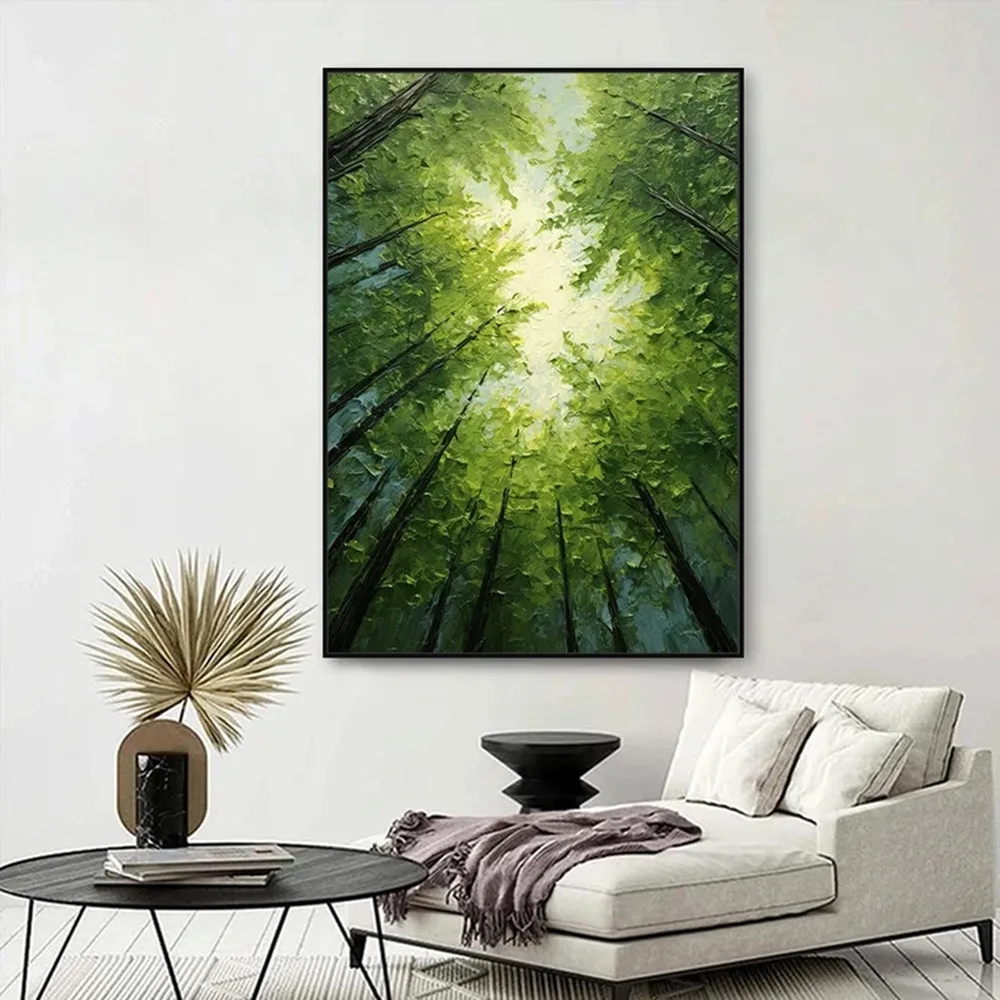 Original Green Forest 3D Abstract Textured Wall Skyward View Trees Art Living Room Natural Scenery Painting On Canvas