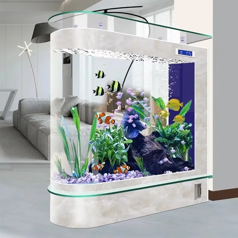 

Modern White Marble Bullet Shape Fish Tank Ultra Clear Glass Aquarium With Touch Screen LED Light Side Filter For Living Room