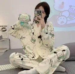 Anime Pochacco Pajamas Suit Sanrioed Girls Autumn Homewear Cartoon Woman Cotton Kawaii Long Sleeves Pants Loose Loungewear Suit