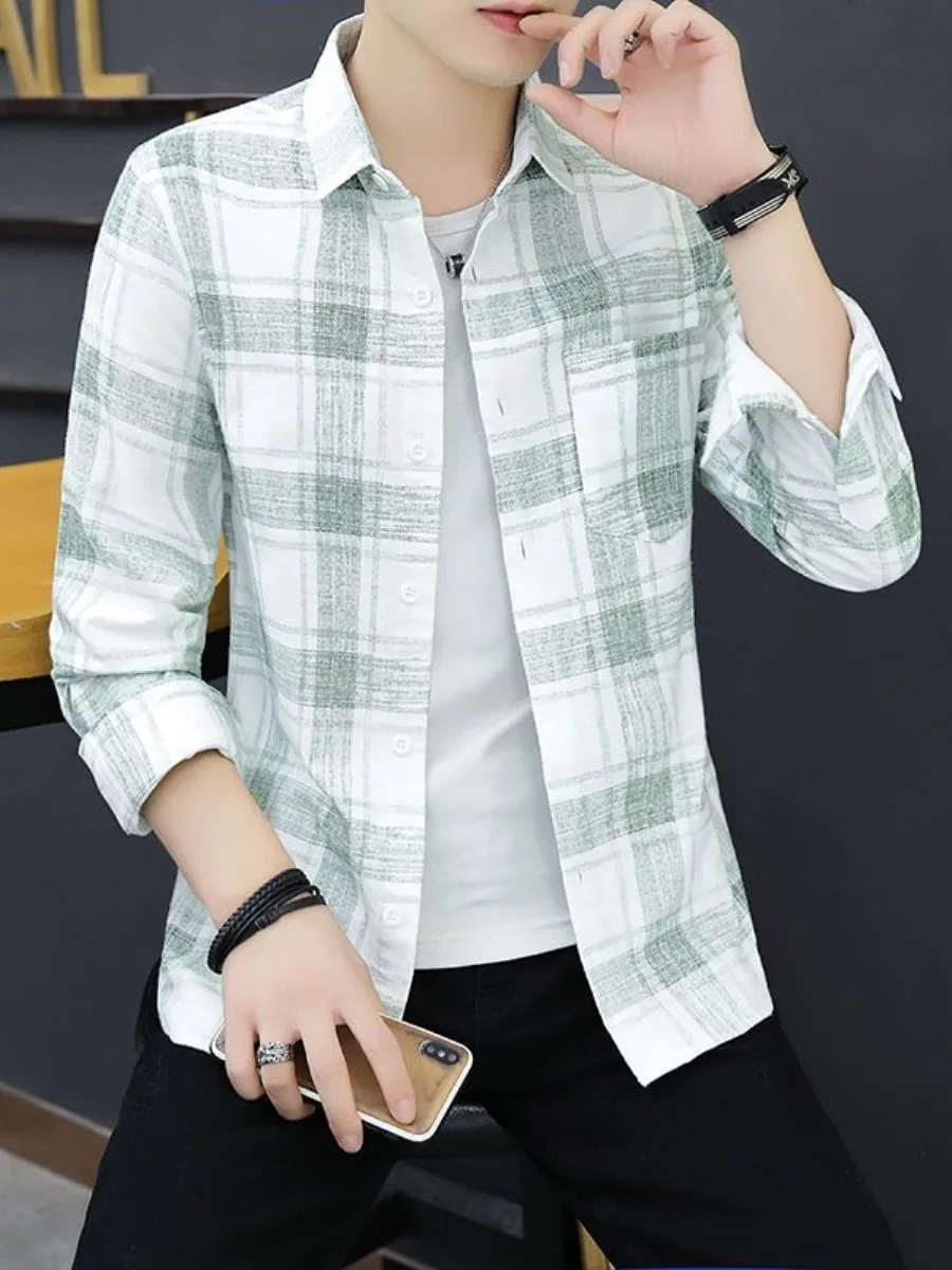 

Retro Plaid Cotton Men's Shirt Loose Casual Spring Autumn Versatile Youth Top City Walk Long Sleeve Collar Inner Wear