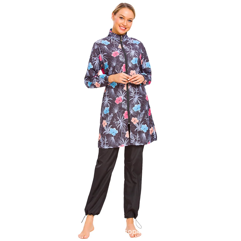 Burkini Islamique Femme Muslim Swimwear Print Three-Piece Set with Hood and Zipper for Veiled Women Borkini Femme Musulmane