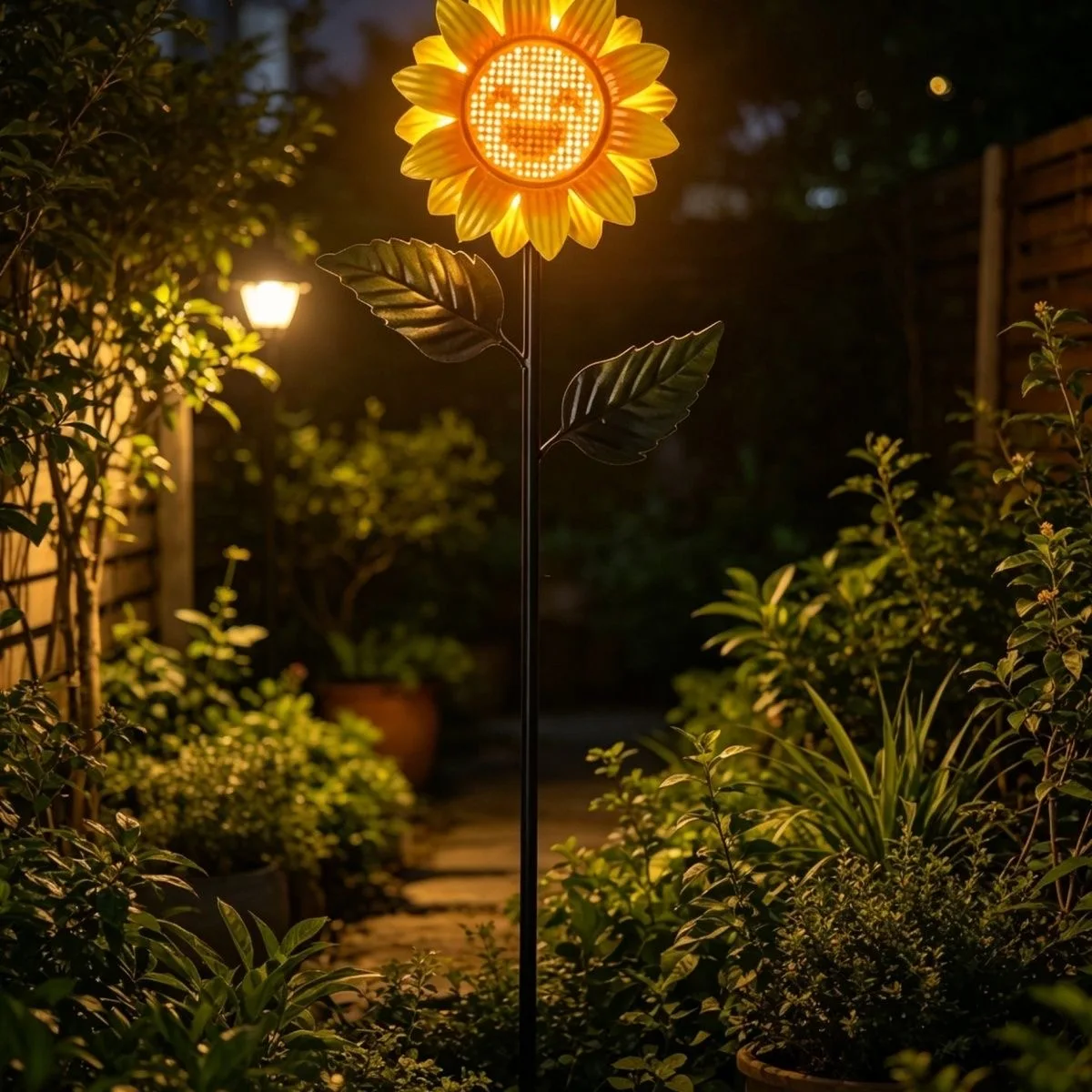 

Waterproof Solar Sunflower Garden Statue Metal Outdoor Sculpture LED Expression Smiling Faces for Landscape Yard Art Decoration