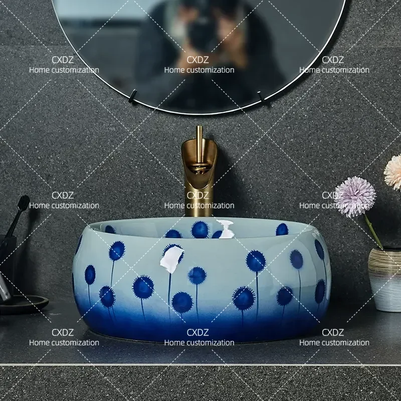 Blue and White Ceramic Round Art Basin Spotted Washbasin for Bathroom Balcony Household Use