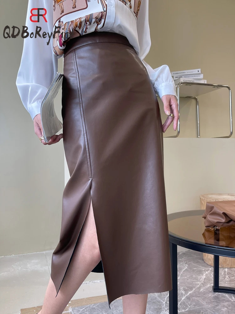 

Autumn Winter Women PU Leather Skirts Elegant Office Ladies Black High Waist Package Hip Split Midi Pencil Skirt with Slit 2024