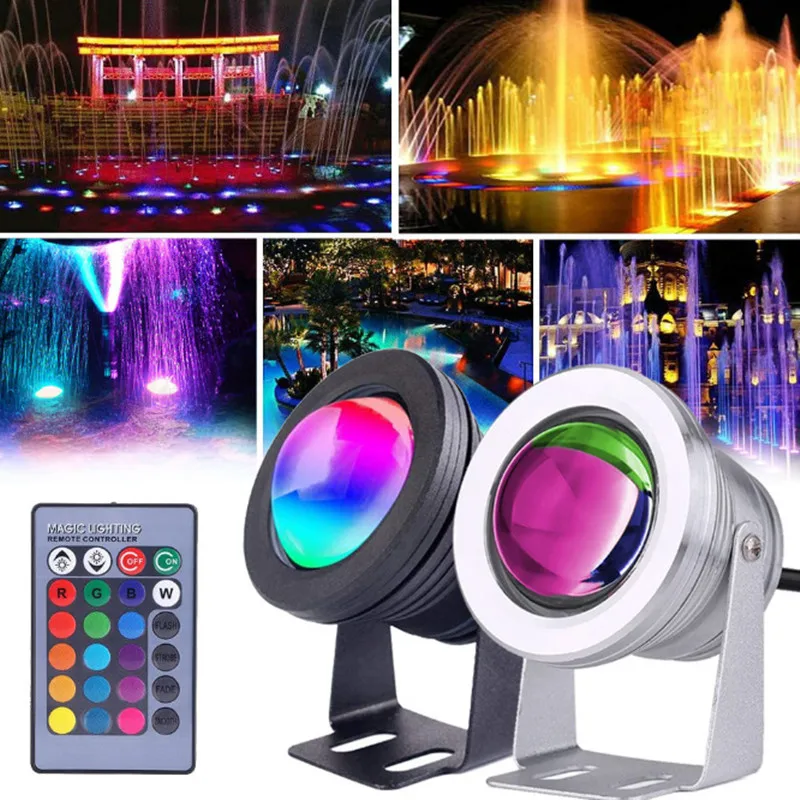 DC 12V 10W RGB Color Underwater Lights Outdoor Fish Tank lighting Lamp IP68 + 24key Remote Control For Piscina Swimming Pools