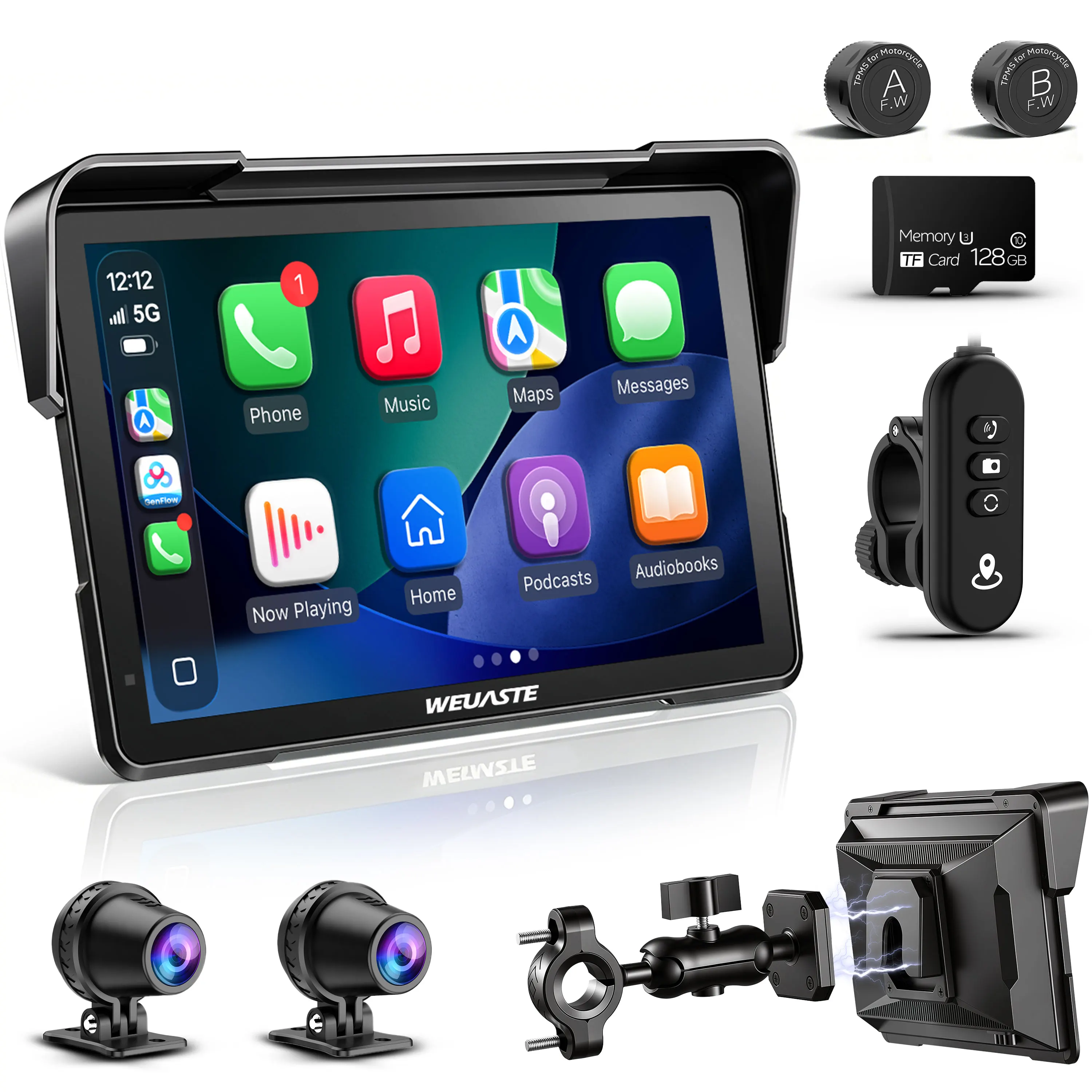 WEUASTE 6–7 Inch Magnetic Motorcycle CarPlay Android Auto (Includes Dual Cameras TPMS 128GB Memory Card For All Motorcycles)