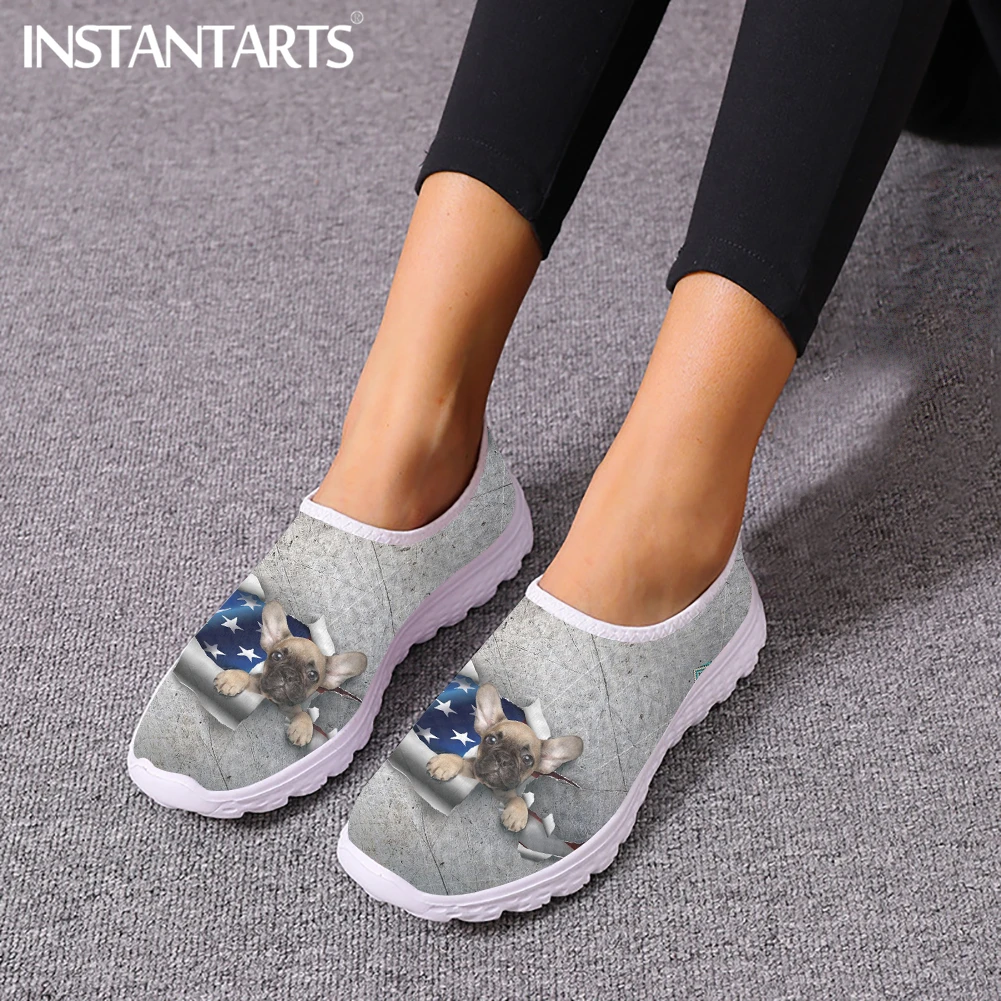 

Женские сетчатые кроссовки INSTANTARTS, дышащие пляжные туфли на плоской подошве, без шнуровки, с американским флагом, 3D-дизайн, Французские бульдоги, 2023