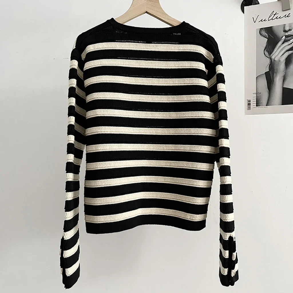 2025 New Fashion Spring Autumn Striped Knitted Sweater Slim Simple Casual Versatile Cardigans Coat Female Tops Chic