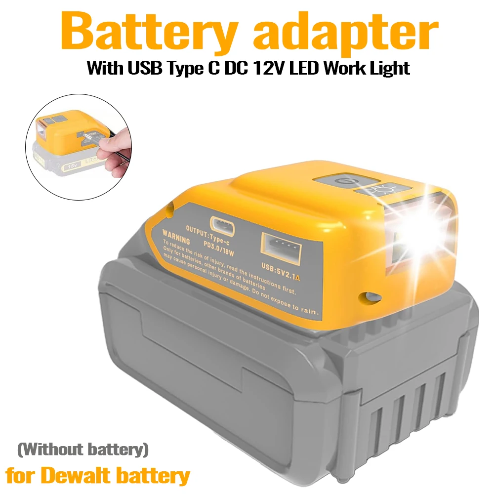 DCB090 Power Source Charger Converter Battery Adapter For Dewal 18V  Lithium Battery With USB Type C DC 12V LED Work Light