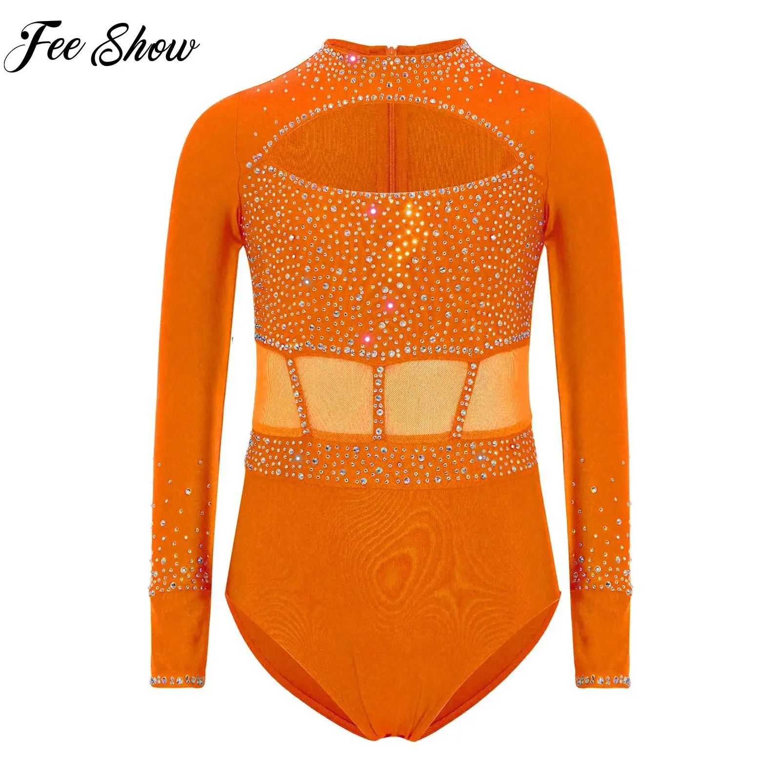 

Sparkly Rhinestones Rhythmic Gymnastics Leotard Girls Ballet Dance Unitard Long Sleeve Cutout Front Bodysuit Child Party Costume