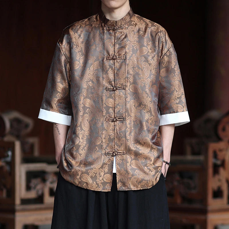 

Chinese Style Men's Casual Shirt New Arrival 2026 Summer Vintage Stand Collar Floral Print Loose Oversized Male Tops Shirts N112