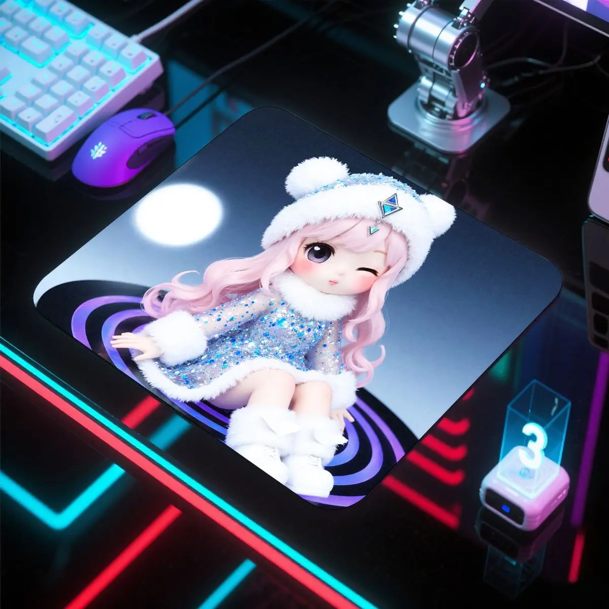 かわいい26cmのキラキラ人形、ピンクの髪、冬の服装とアクセサリー付き、コレクションやギフトに最適です。