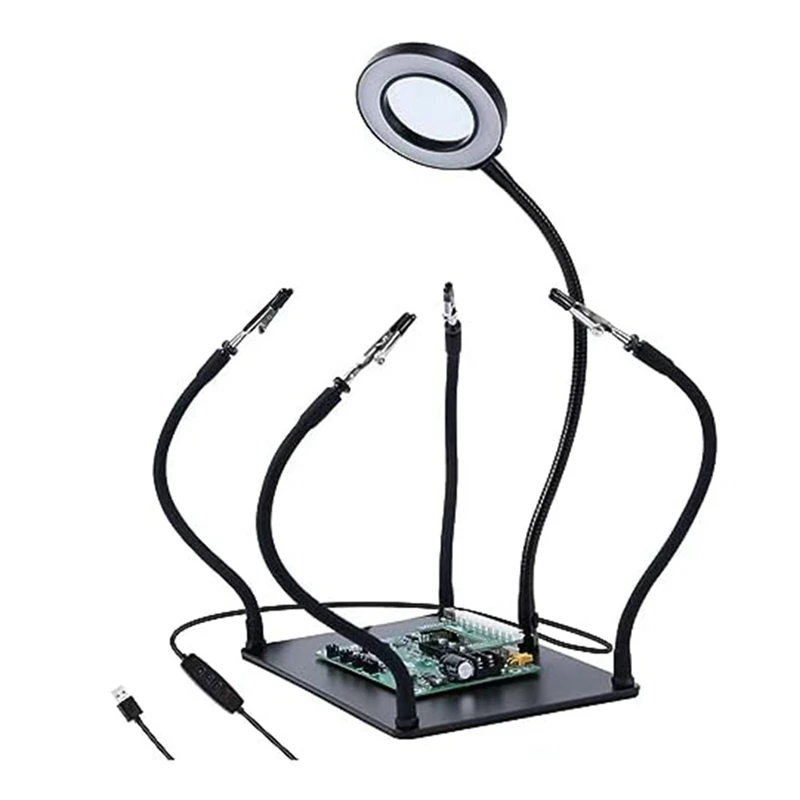 Herramienta de soldadura con 3 luces LED de aumento, soporte PCB, 4 estaciones de soldadura de brazo flexible para reparación de soldadura electrónica, joyería