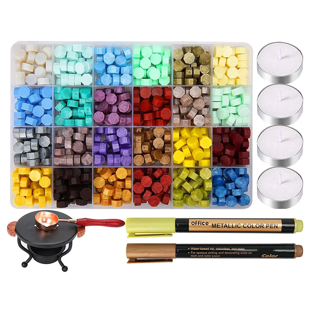 Wax Bead Set, with Sealing Wax Heater, Wax Melting Spoon,4 Pieces of Tea Candles,Wax Sealing Set for Gifts, Wax Seals