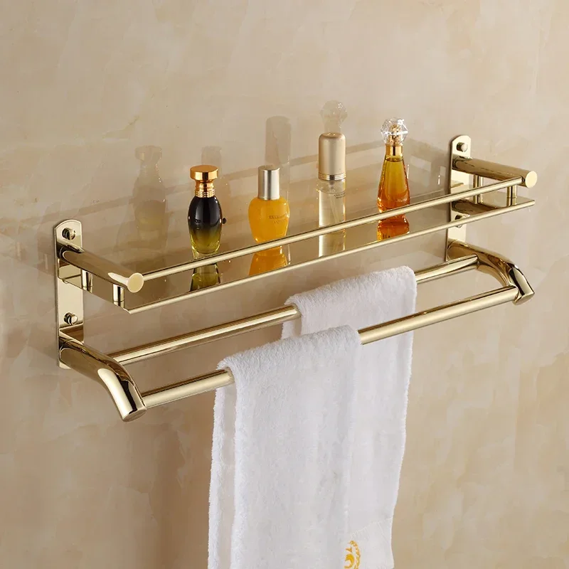 Gold Shower Rack Layer Number Bathroom Accessories Bathroom Towel Shelf 2 Layer Corner Storage Holder Shelves Bath Hardware Set