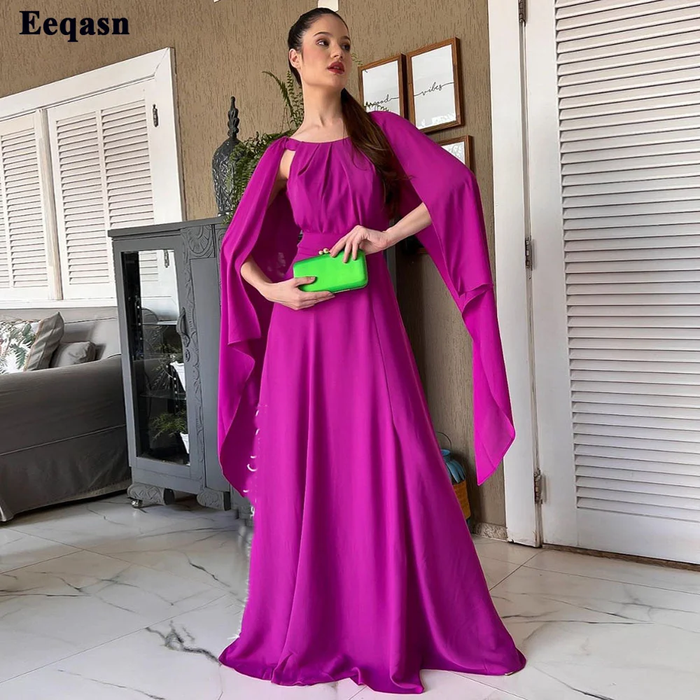 

Eeqasn Chic A Line Chiffon Prom Dresses With Cap Slit Long Sleeves Wedidng Gowns 2022 Sashes Formal Women Evening Party Gowns