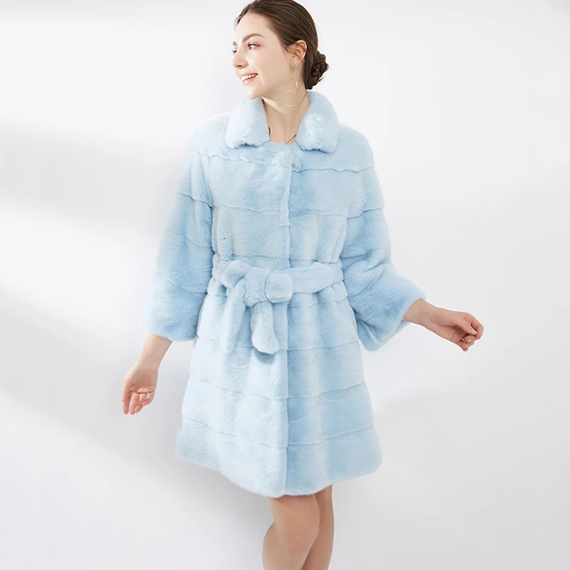 Ftangaiur hiver importation velours vison manteau de fourrure à manches longues ceintures femmes col rabattu couleur Pure moyen naturel manteaux de fourrure de vison