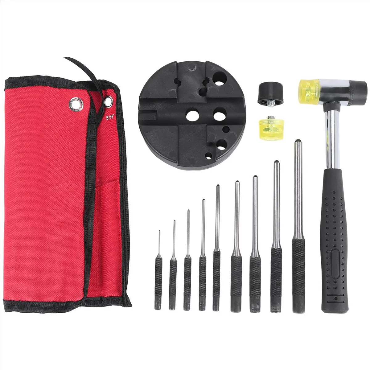 KSOL Roll Pin Punch Set with Storage Pouch,Smithing Punch Removing Repair Tools,with Bench Block Pin Punches and Hammer