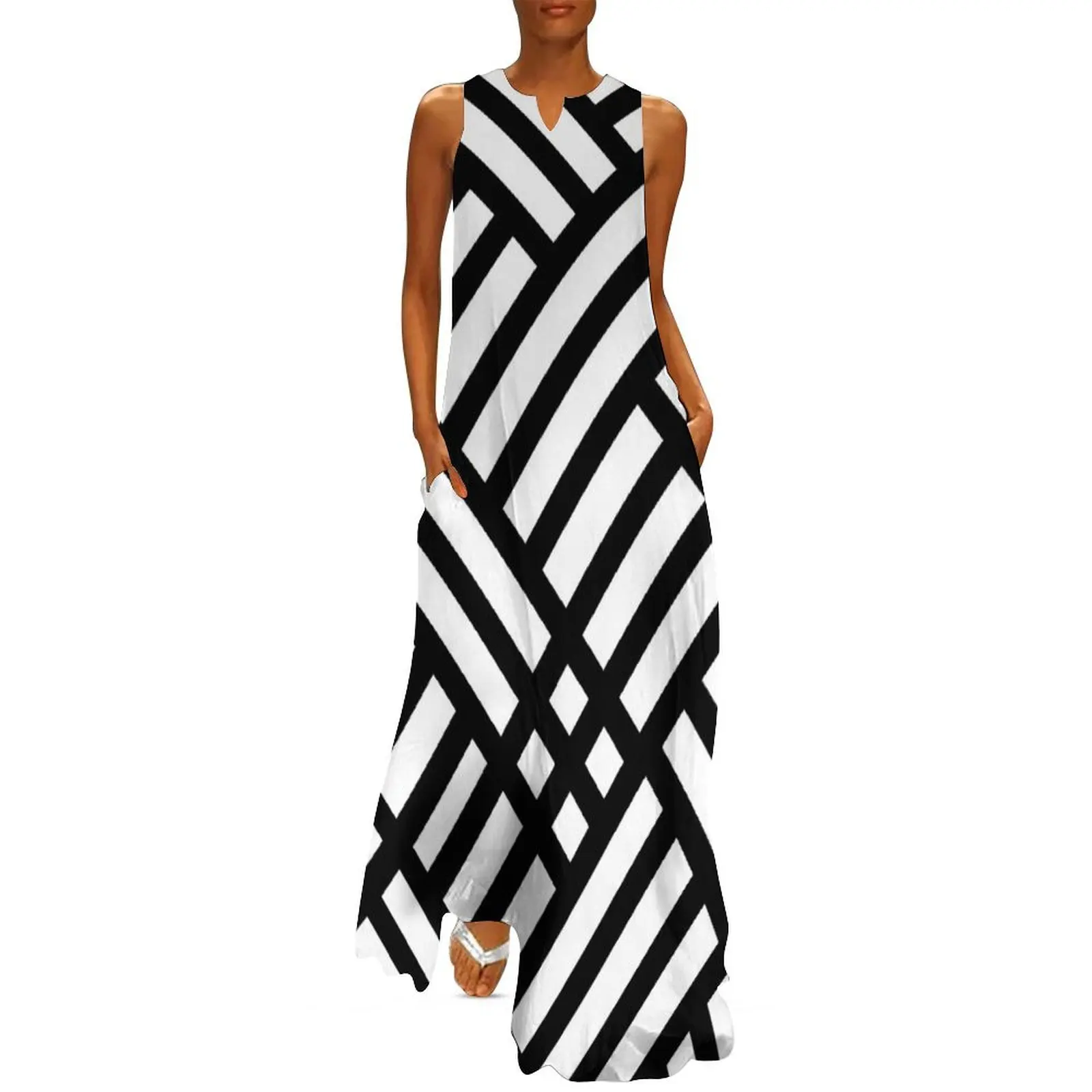 

Black and White Retro Stripes and Checks Long Dress Dress women prom clothes Dress