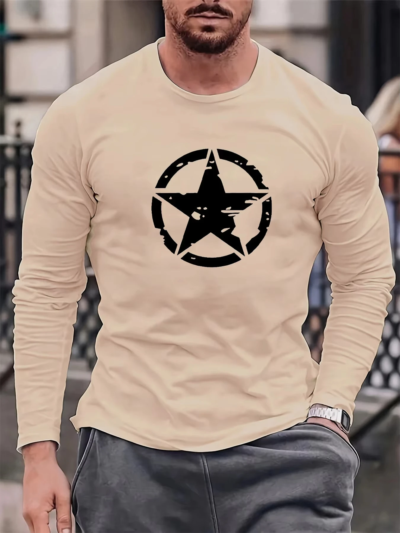 Camiseta con estampado de pentagrama 3D para hombre, camisetas informales de manga larga con cuello redondo, ropa de calle de tendencia, estilo Simple, primavera y otoño, 2026
