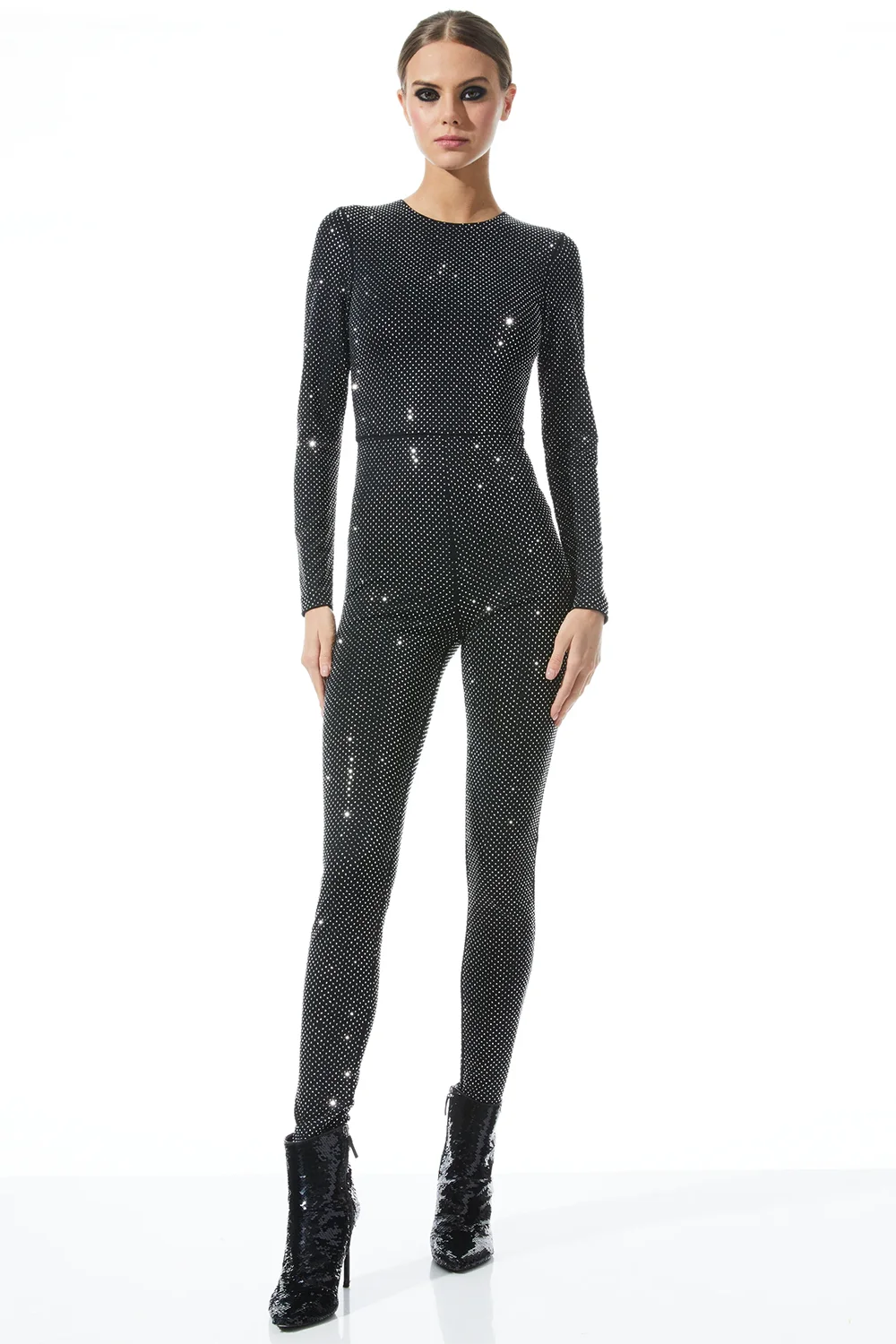 

Autumn New Women's Embellished Crew Neck Black Long Sleeve Jumpsuits Brightly Sequin Jumpsuit