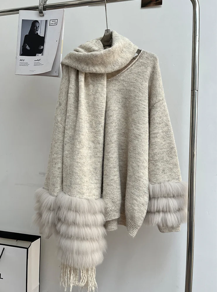 

2025 Autumn Women's Real Fox Fur Scarf Knitted Coat Fox Fur Sweater Jacket Femeale Luxury Coat Full Sleeves Pullover