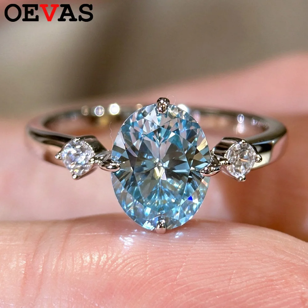 OEVAS 2ct 7x9mm Oval Cut Blue Moissanite Diamond Ring For Women S925 Silver 3 Stones Zircon Wedding Band Party Fine Jewelry Gift