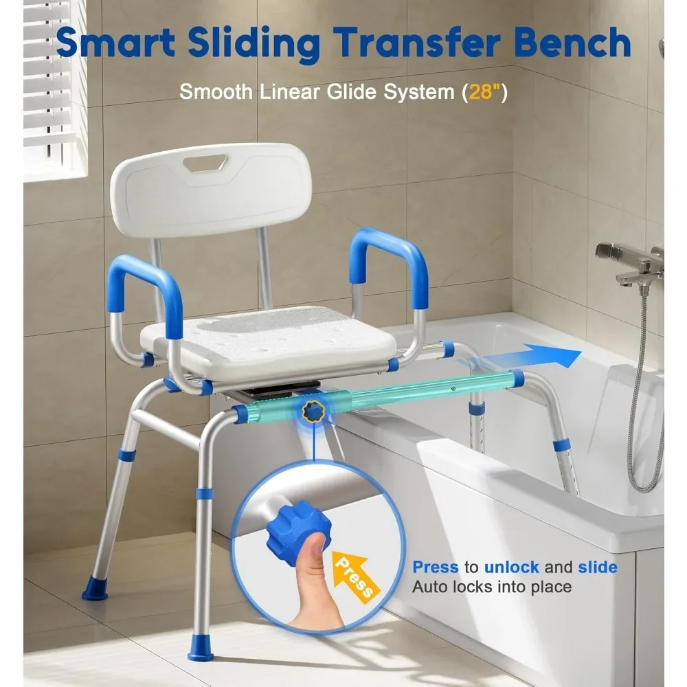 FSA/HSA Eligible Sliding Shower Chair with Extra-Wide 360° Swivel Seat  330lbs Tub Transfer Bench  Non-Slip & Padded Arms