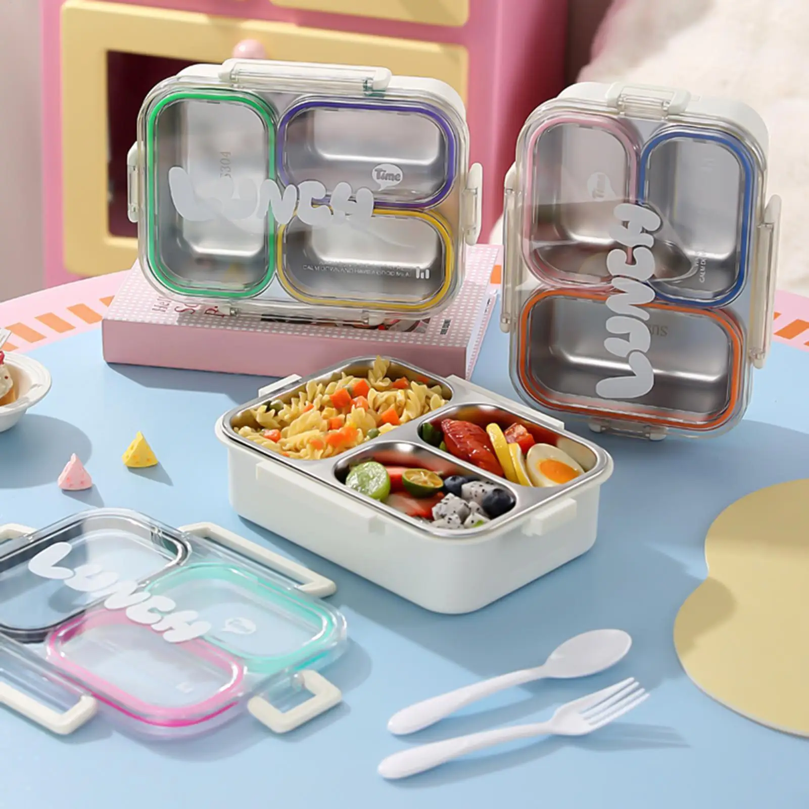 Stainless Steel Lunch Box 3 Compartment Food Storage Meal Carrier Food Container Stainless Steel Bowl for School Camping Spring