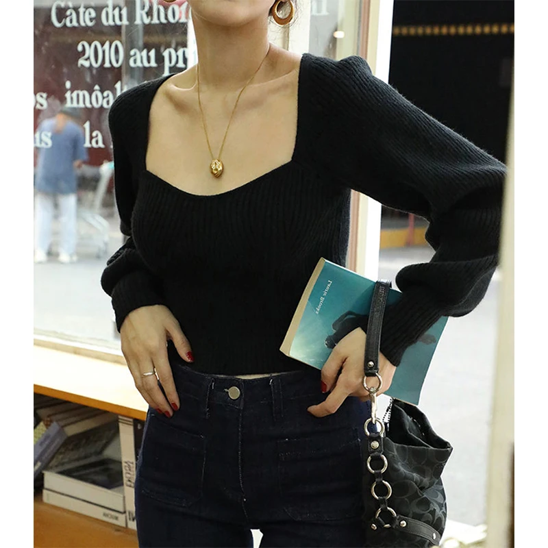 Vintage Solid Sweater Women Square Neck Knitted Pullovers Korean Elegant Slim Knitwear Streetwear Harajuku All Match Jumper New