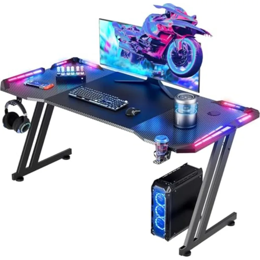 

55 Inch Gaming Desk with LED Lights and Carbon Fibre Surface for Large Computer Setup Ergonomic ZShaped Design with Cup Holder
