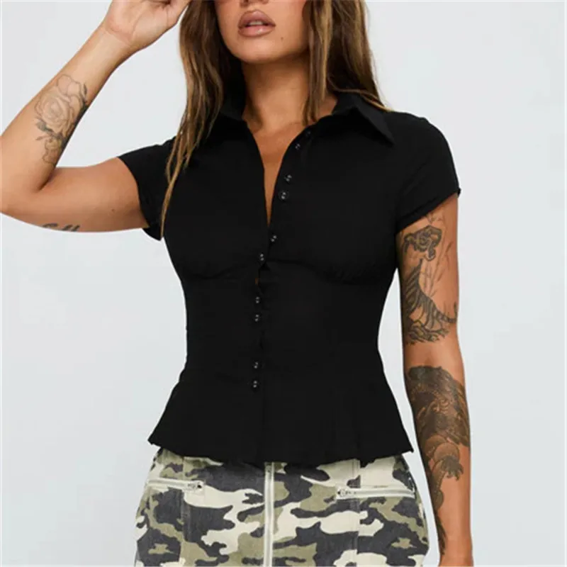 Vrouwen Y2k Esthetische Button-up Shirt Jaren '90 Vintage Cottage Korte Mouw Revers Slim Fit Blouse Fairy Grunge Crop Tops zomer