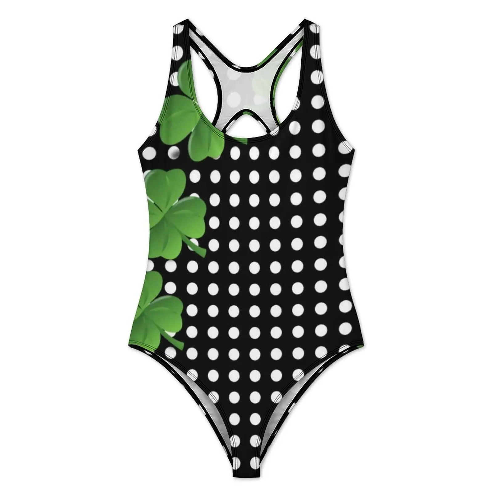 Black White Polka Dot Swimsuit St Patricks Day Irish Shamrocks One Piece Swimwear Push Up Stylish Bathing Suit Fitness Bodysuit