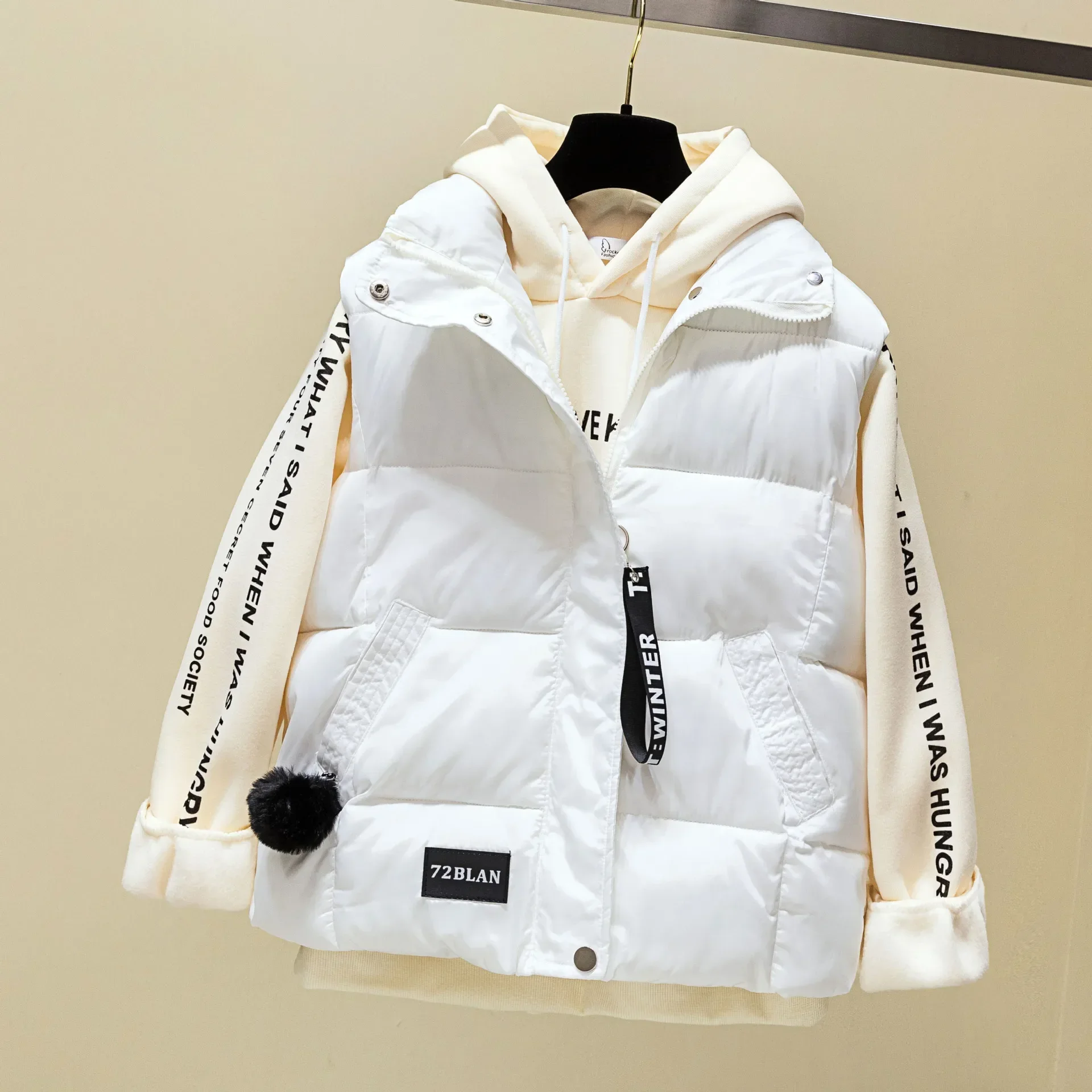 Vest Parkas Women White Print Autumn Winter Fur Turn Down Collar Long Sleeveless Coats Single Breasted Warm Slim 2025 Parkas