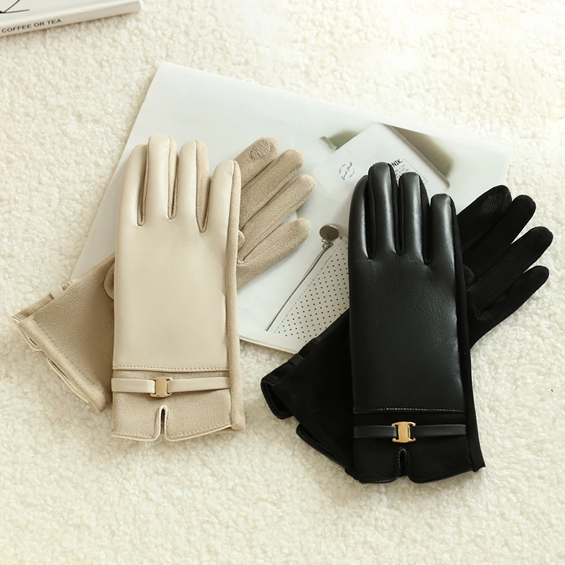 1 Pair Gloves Women Winter Fleece-Lined To Heattech and Touch Screen Pu Elegant and Exquisite Cycling and Driving Gloves